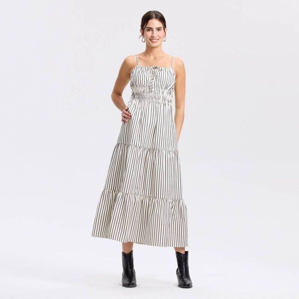 Women's Sleeveless Midi A-Line Dress - Universal Thread White/Black Striped S - Picture 1 of 4